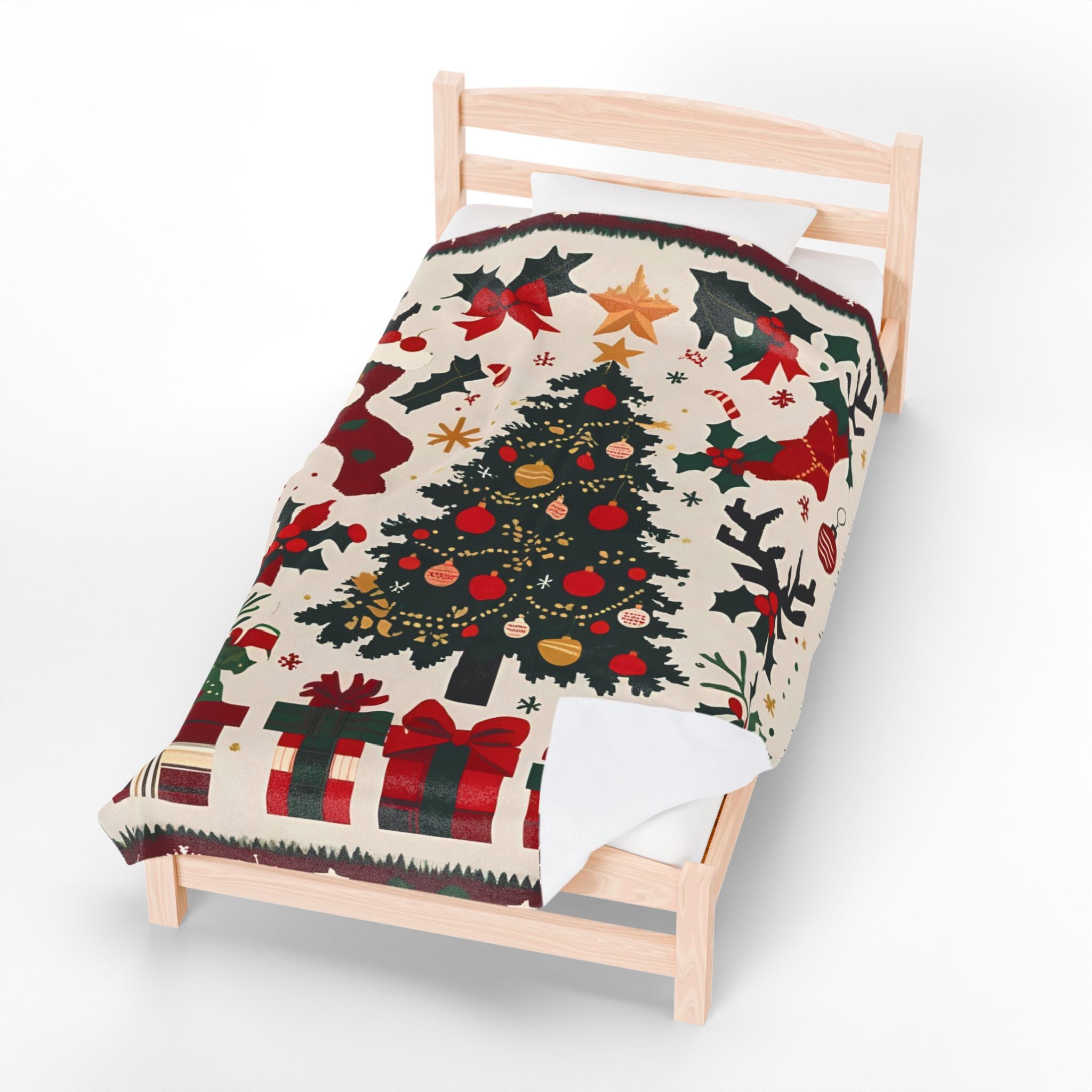 Christmas Tree Velveteen Plush Blanket – Holiday Stockings, Gifts & Holly Print Throw