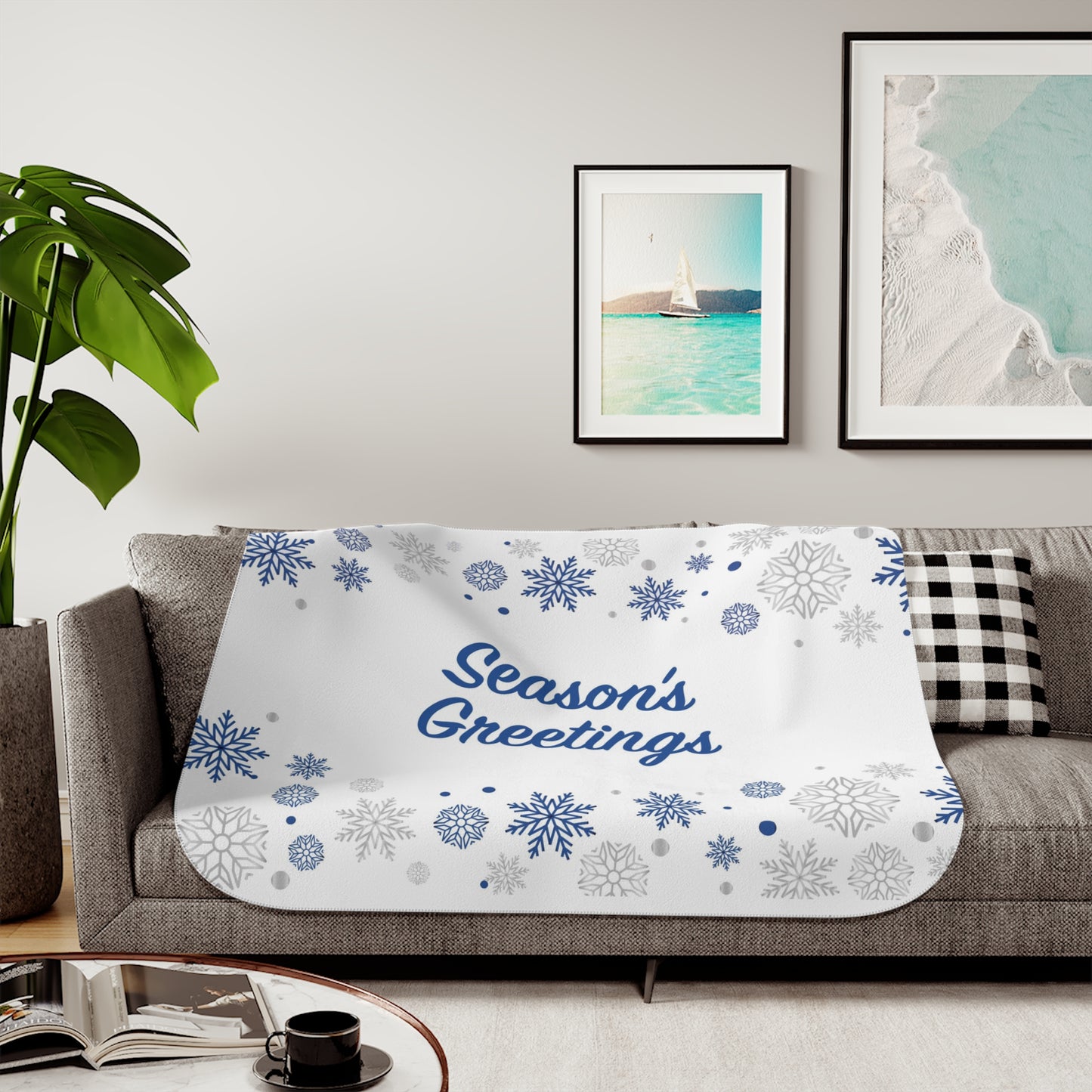 Season's Greetings Sherpa Blanket for Christmas Gifts, White