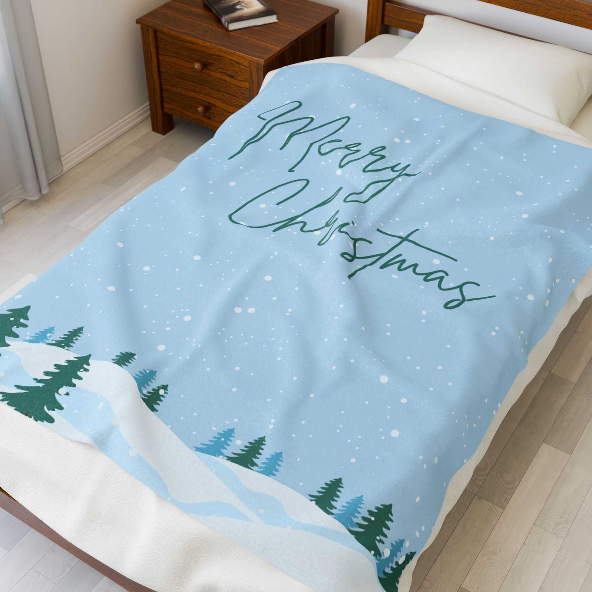 Merry Christmas Printed Velveteen Plush Blanket, Sky Blue