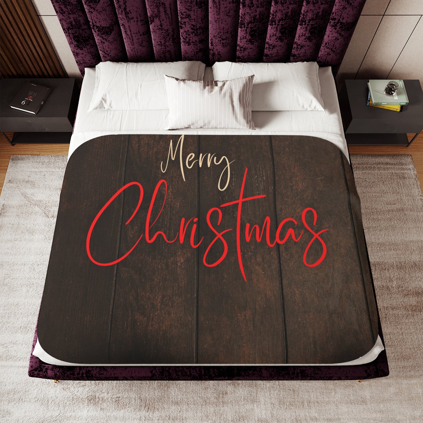 Merry Christmas Printed Sherpa Blanket, Coffee