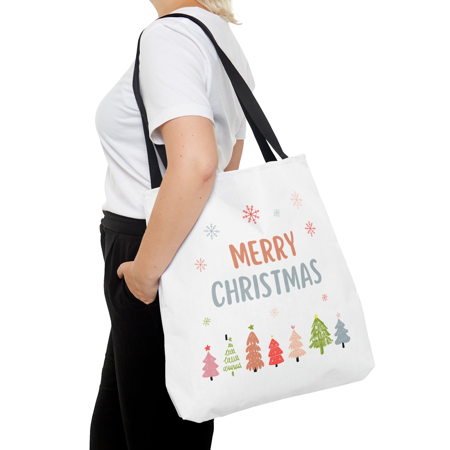 Tote Bag – “MERRY CHRISTMAS” Text with Snowflakes & Colorful Tree Row – Holiday Gift for Seasonal Shoppers