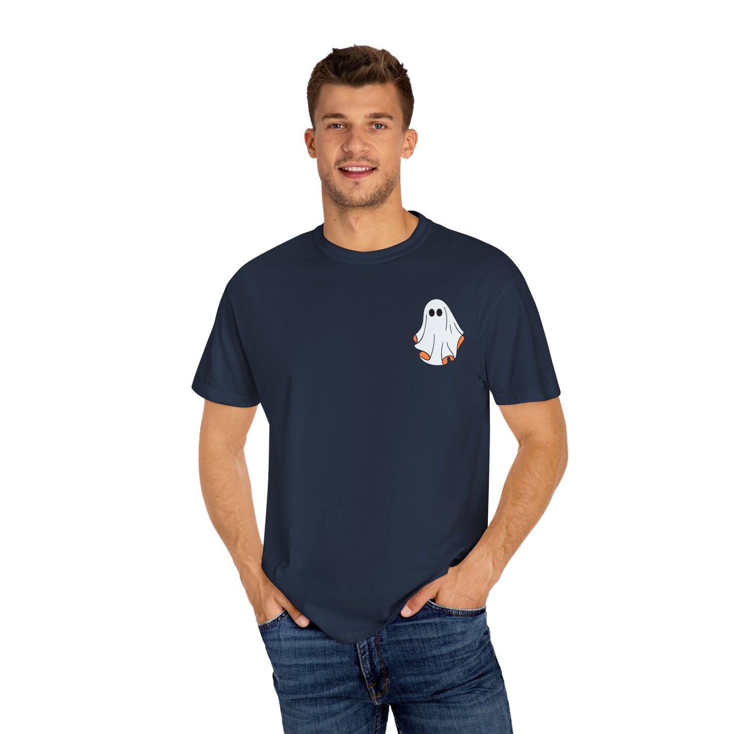 Minimal Ghost Halloween T-Shirt – Cute Pocket Graphic Tee for Spooky Season