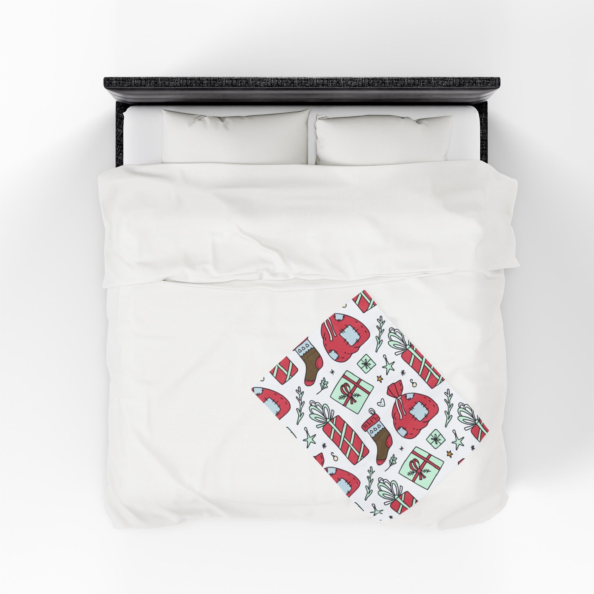 Gift Bag & Candy Cane Velveteen Plush Blanket – Festive Christmas Present Pattern