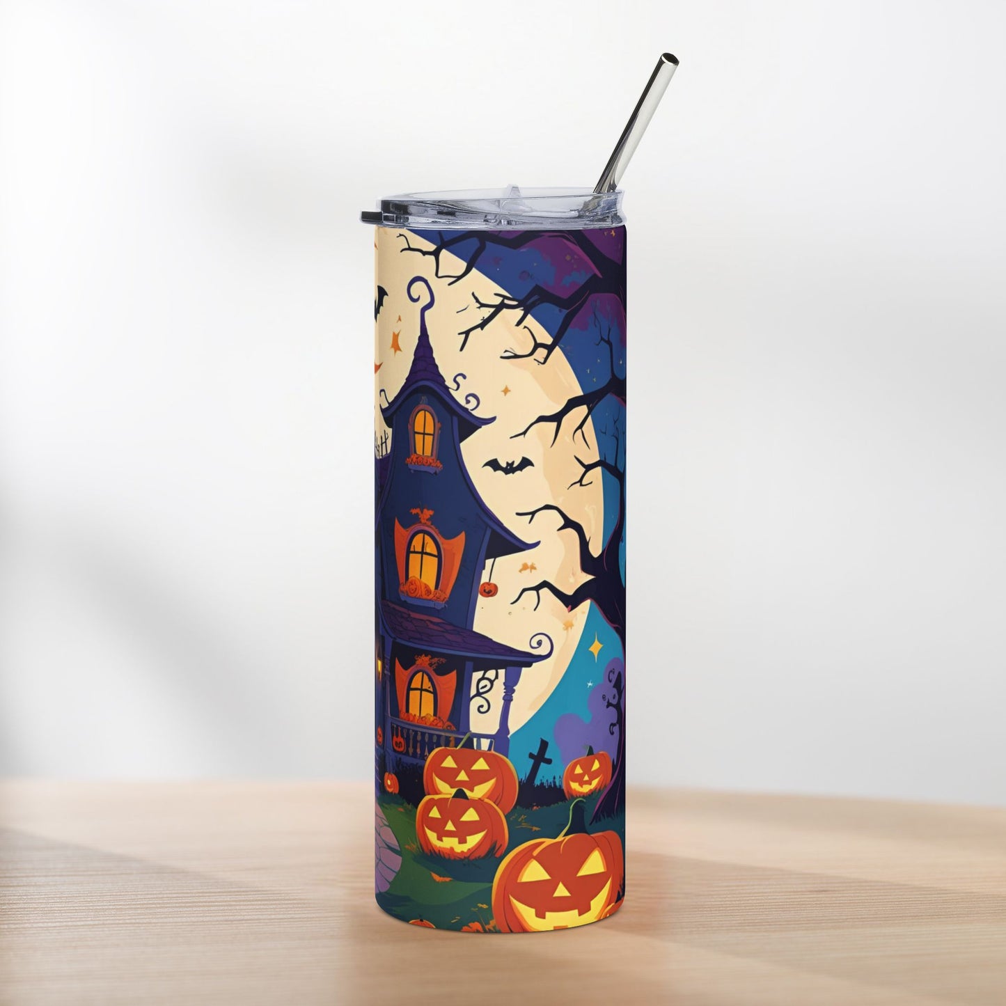 Haunted House Halloween Tumbler – Moonlit Mansion & Pumpkin Parade