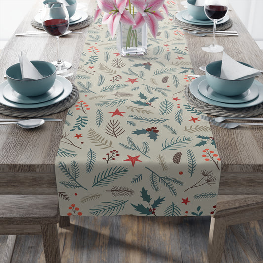 Christmas Table Runner, Pinecones and Leaves Pattern, Red Stars and Berries Design, Beige Background Holiday Dining Decor
