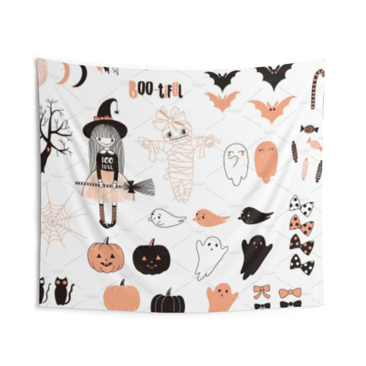 Halloween Wall Tapestry – “BOO-tiful” Witch & Ghosts Design – Fun Spooky Decor