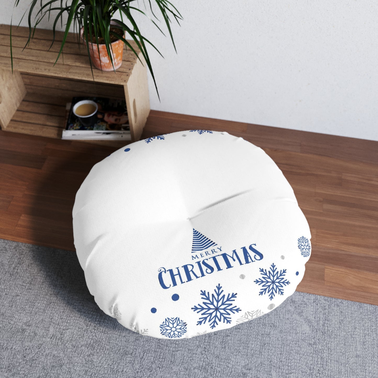 White Chirstmas Tufted Floor Pillow, Round