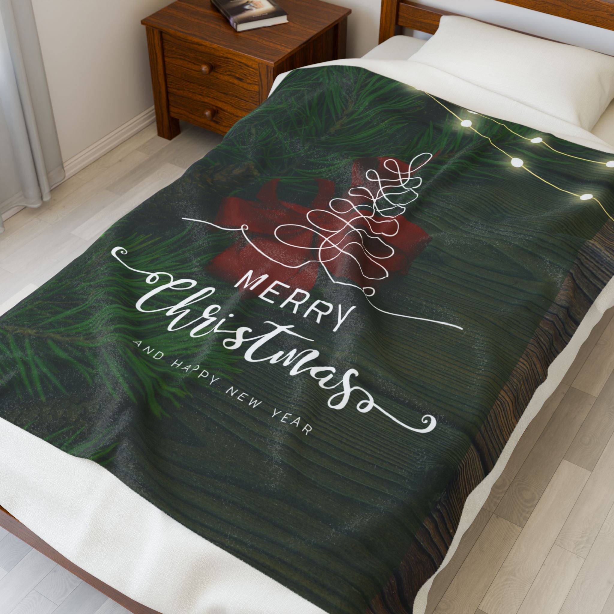 Merry Christmas with Tree Printed Velveteen Plush Blanket