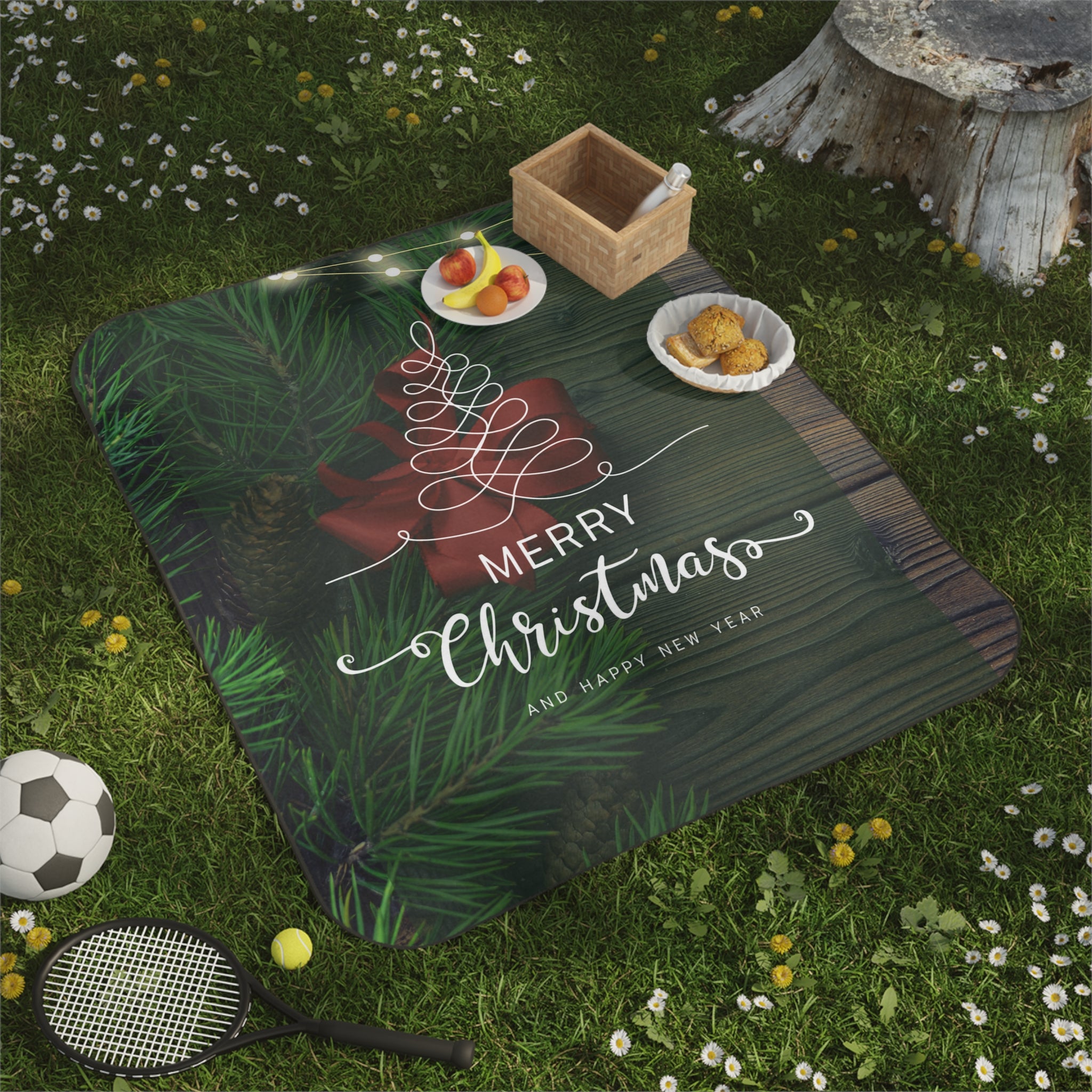Merry Christmas with Tree Printed Picnic Blanket