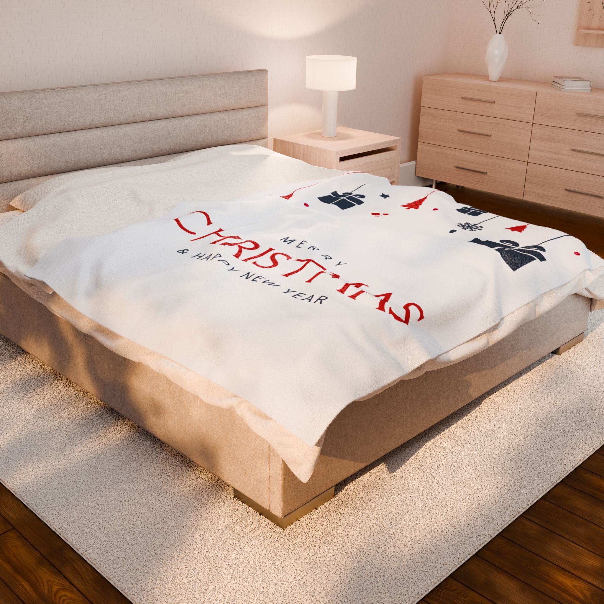 Merry Christmas & Happy New Year Printed Velveteen Plush Blanket, White