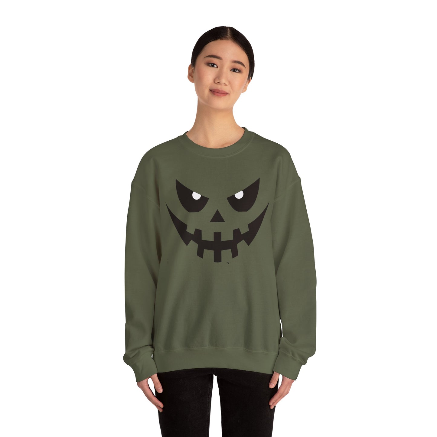 Creepy Pumpkin Face Halloween Sweatshirt – Beige Graphic Pullover for Spooky Season