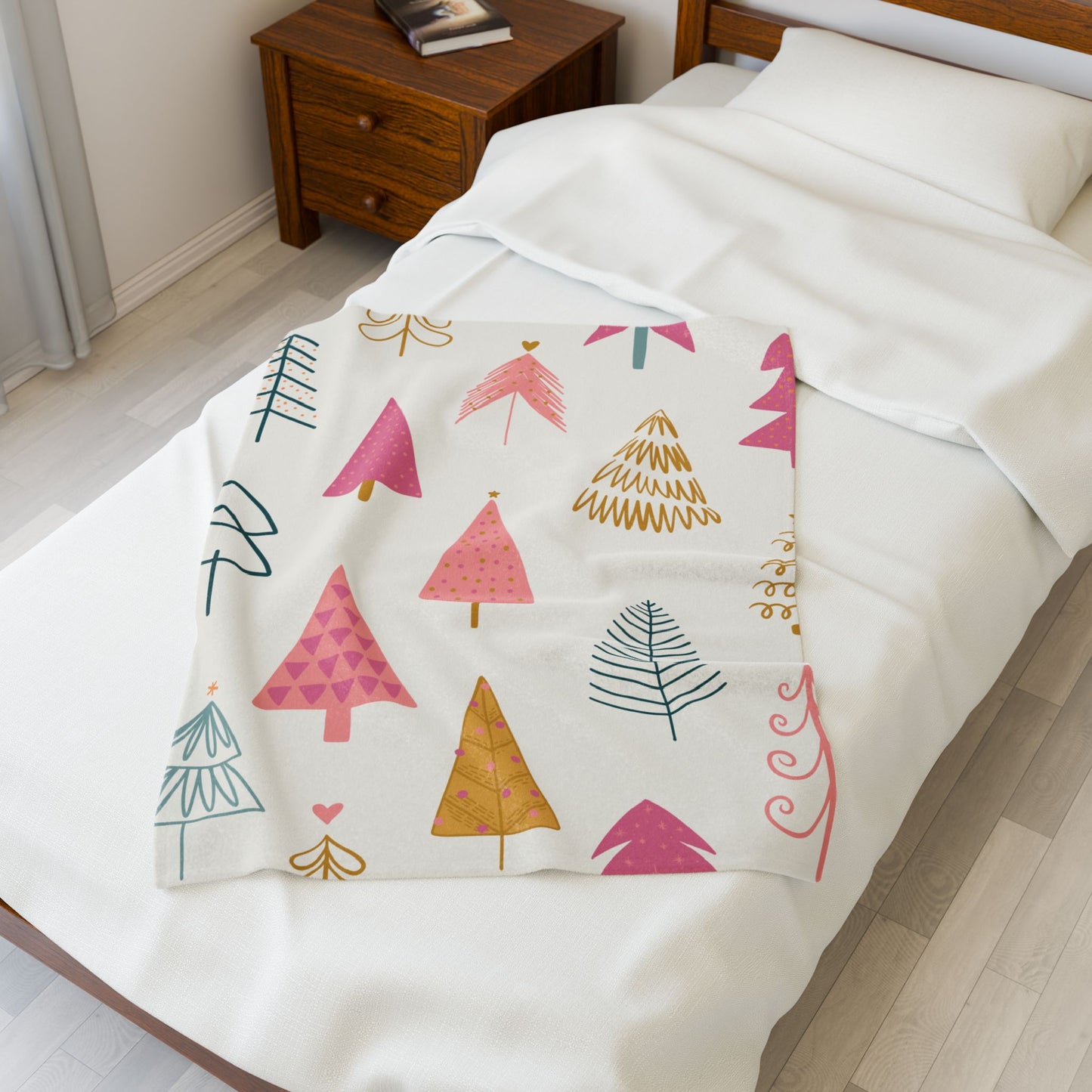 Velveteen Plush Blanket - Christmas Trees Pink Green Gold Holiday Throw