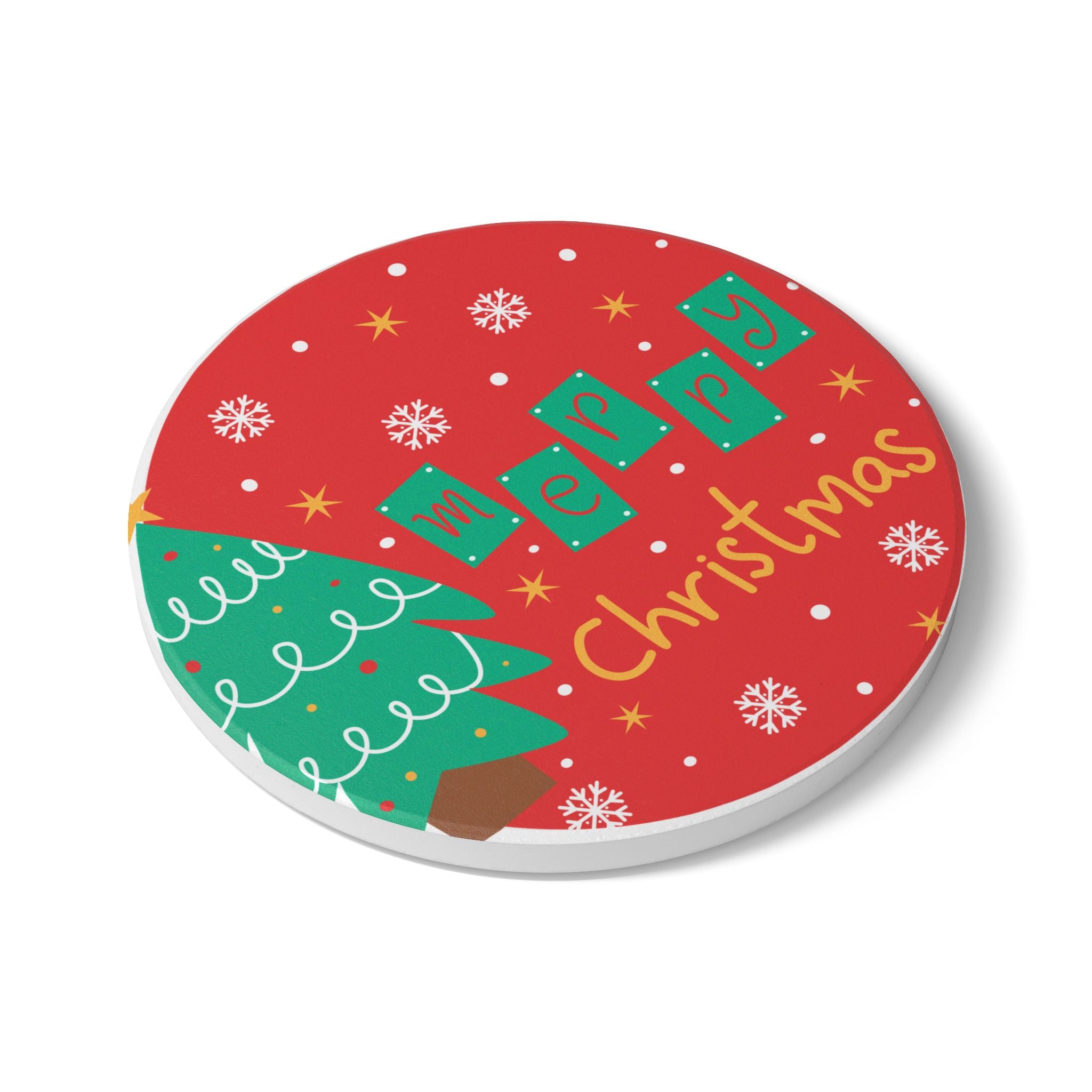 Christmas Ceramic Coaster with Tree and Snowflake Design