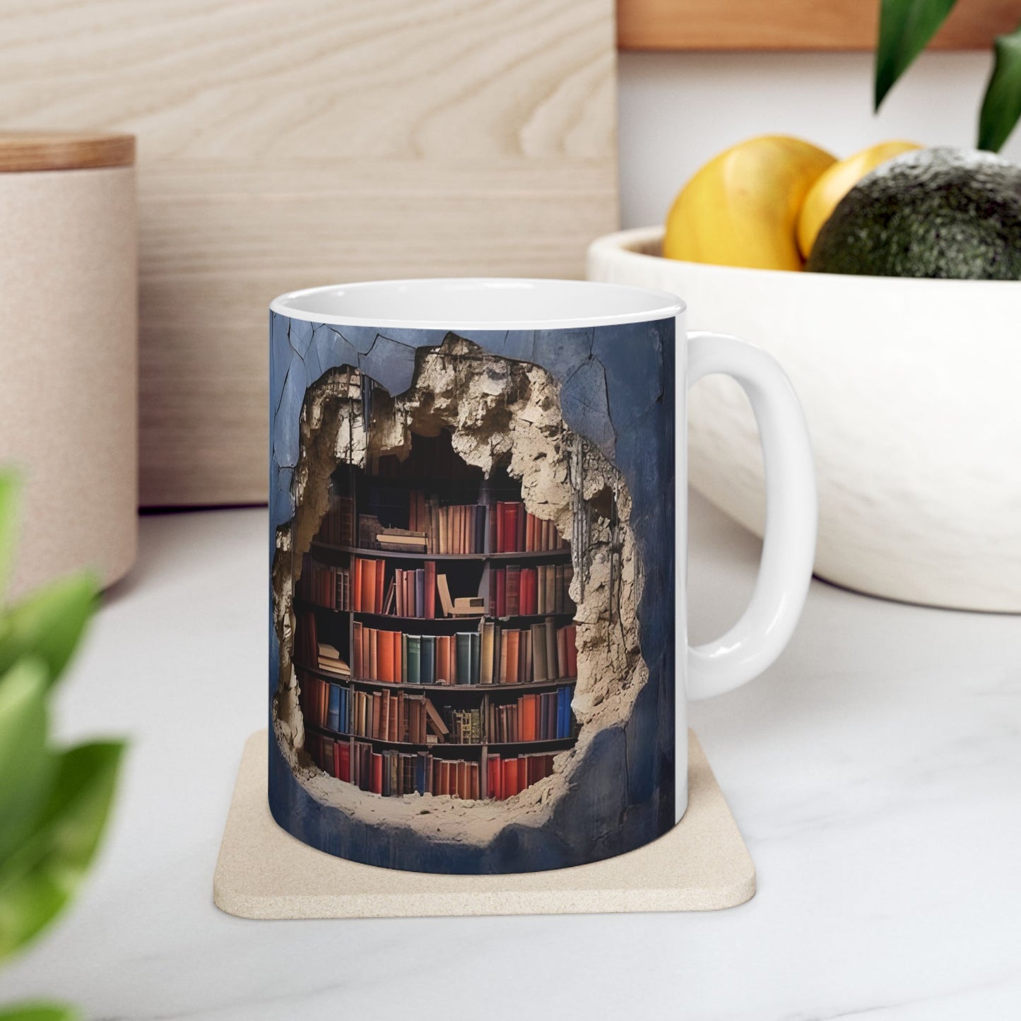 Mug - 3D Bookshelf Illusion - Unique Library Wall Break Design