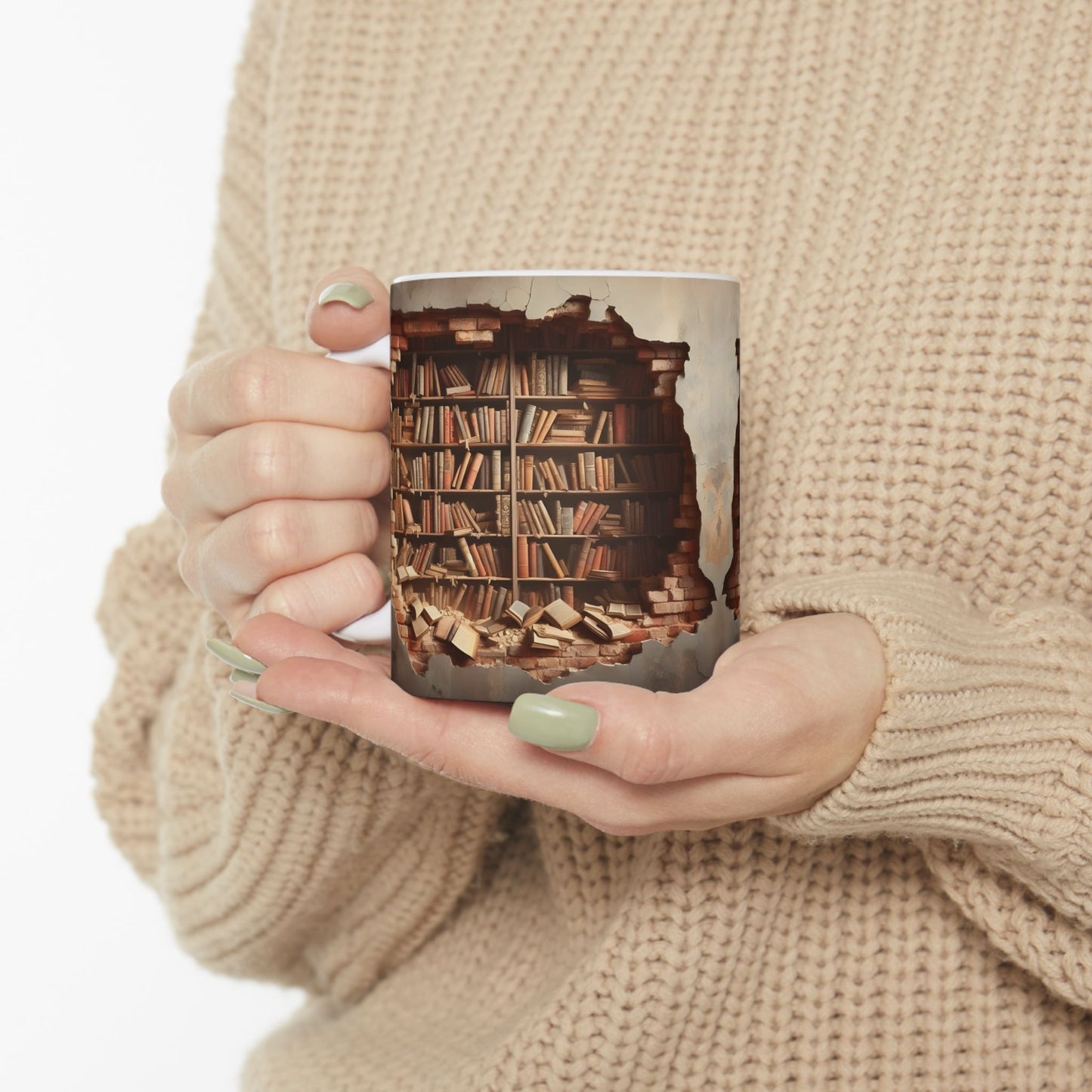 3D Bookshelf Illusion Mug – Unique Library Wall Break Design