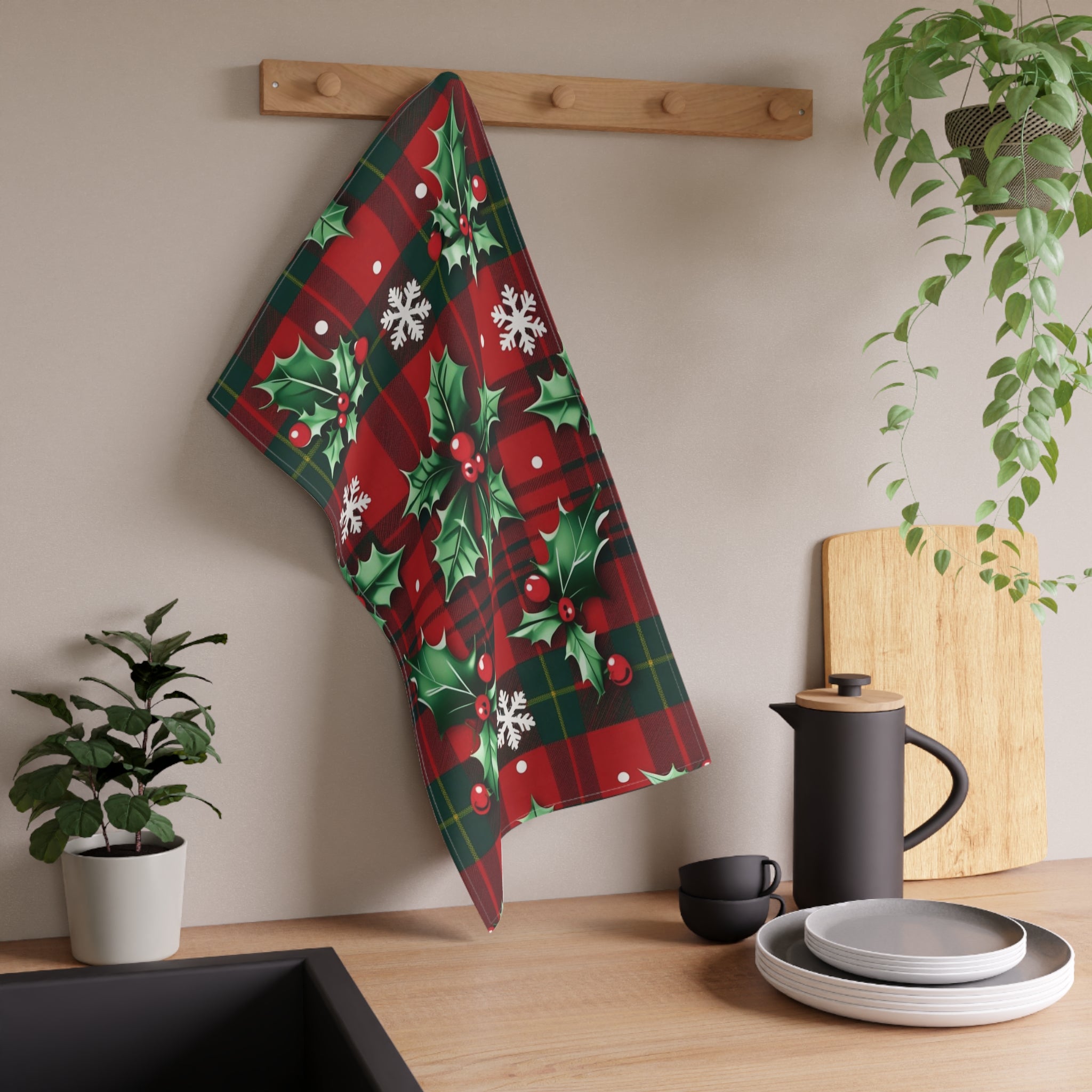 Festive Christmas Tea Towel with Red Plaid and Holly Design