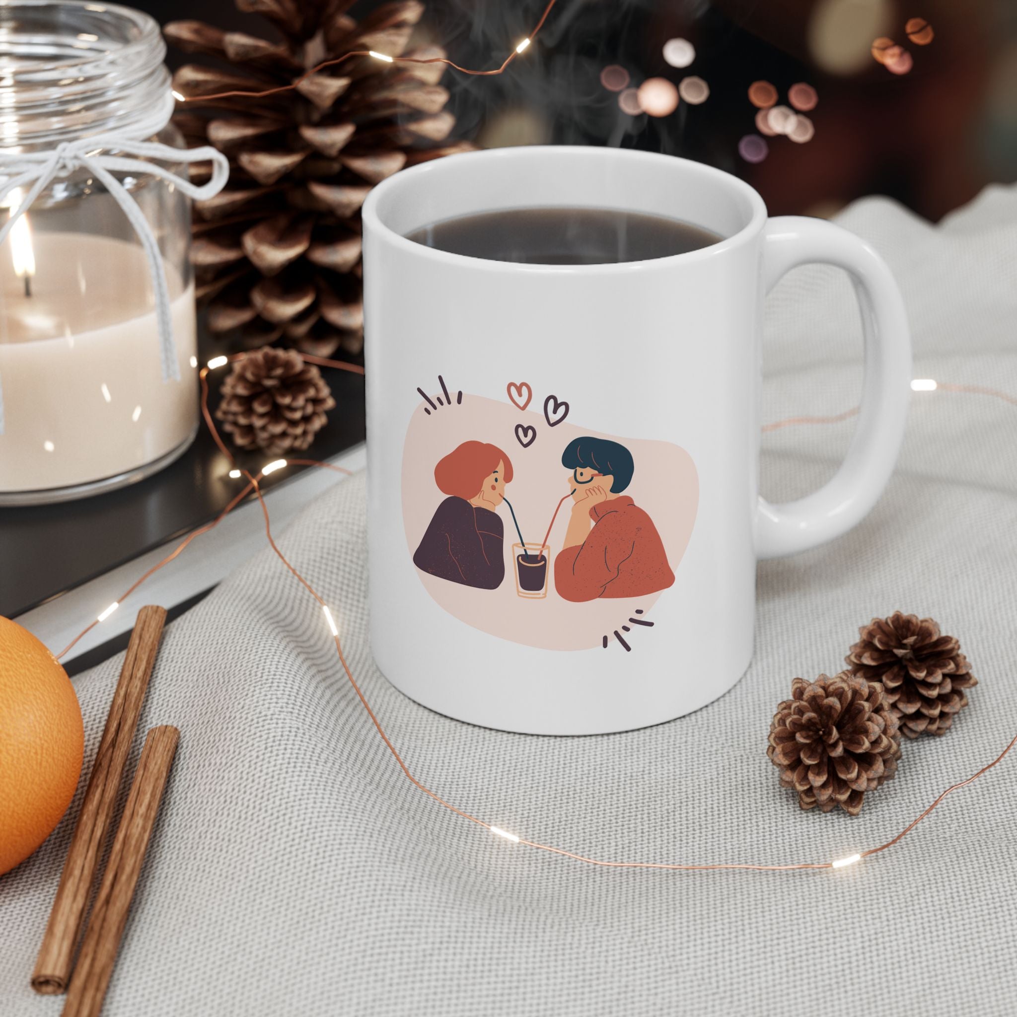 Ceramic Coffee Mug with Couple Illustration and Heart Design, 11oz