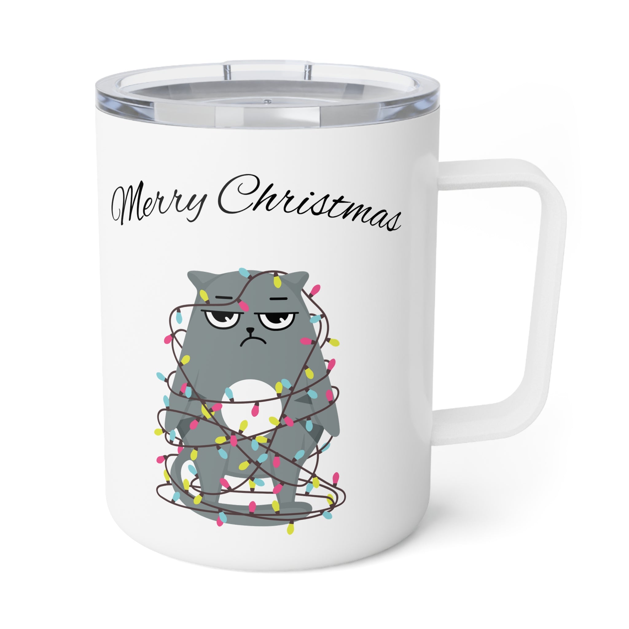 10oz Insulated Travel Mug – Grumpy Cat Christmas Lights Design – Gift for Holiday Travelers & Coffee Lovers