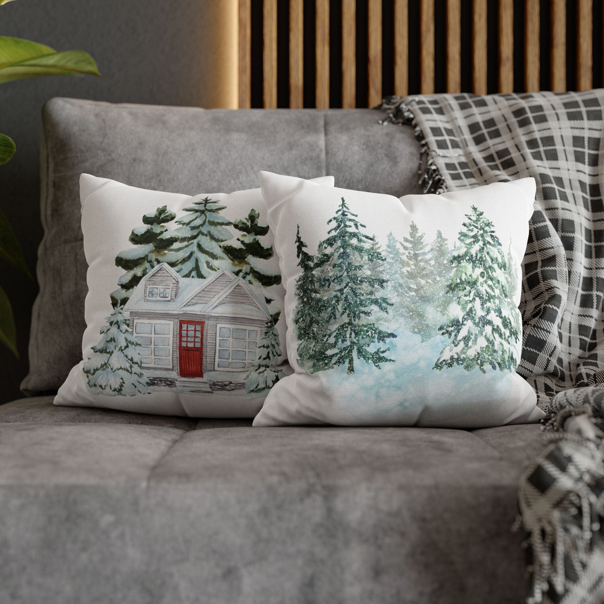 Winter House & Forest Pillow Cover – Double-Sided Snowy Evergreen Holiday Decor