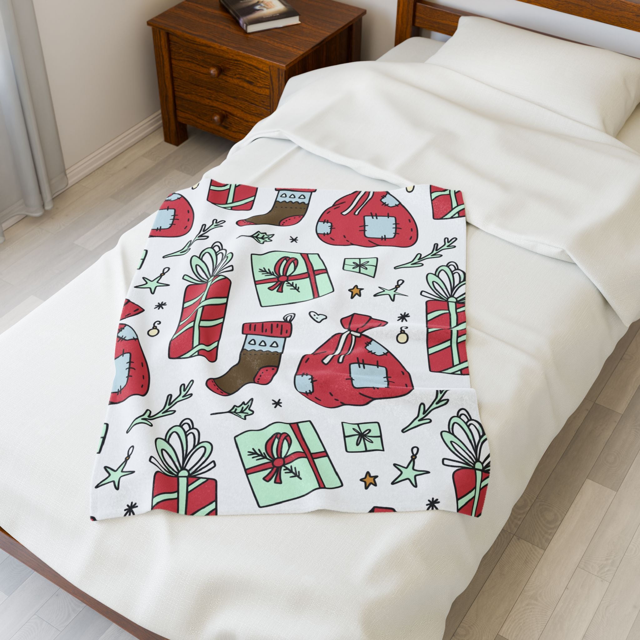 Gift Bag & Candy Cane Velveteen Plush Blanket – Festive Christmas Present Pattern