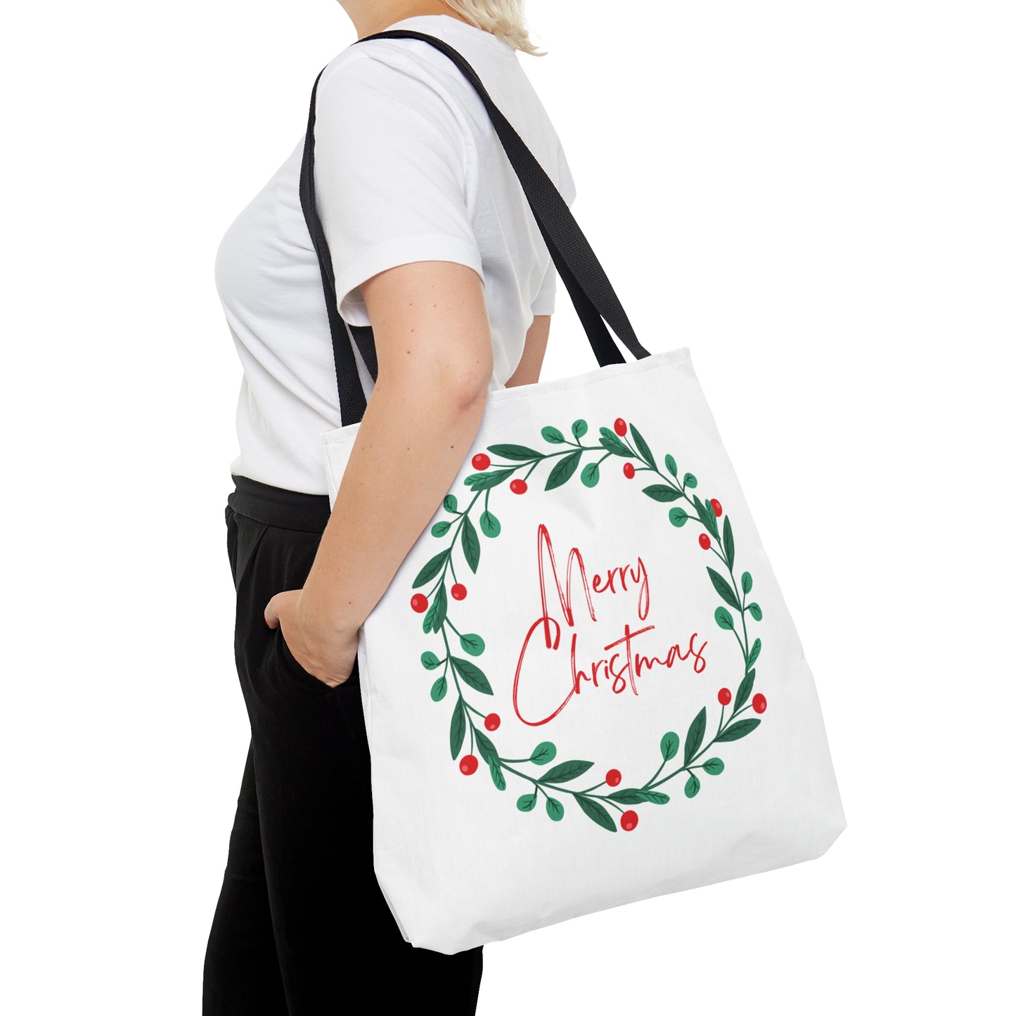 Christmas Tote Bag with “Merry Christmas” Wreath Design – Festive All-Over Print Carryall in 3 Sizes