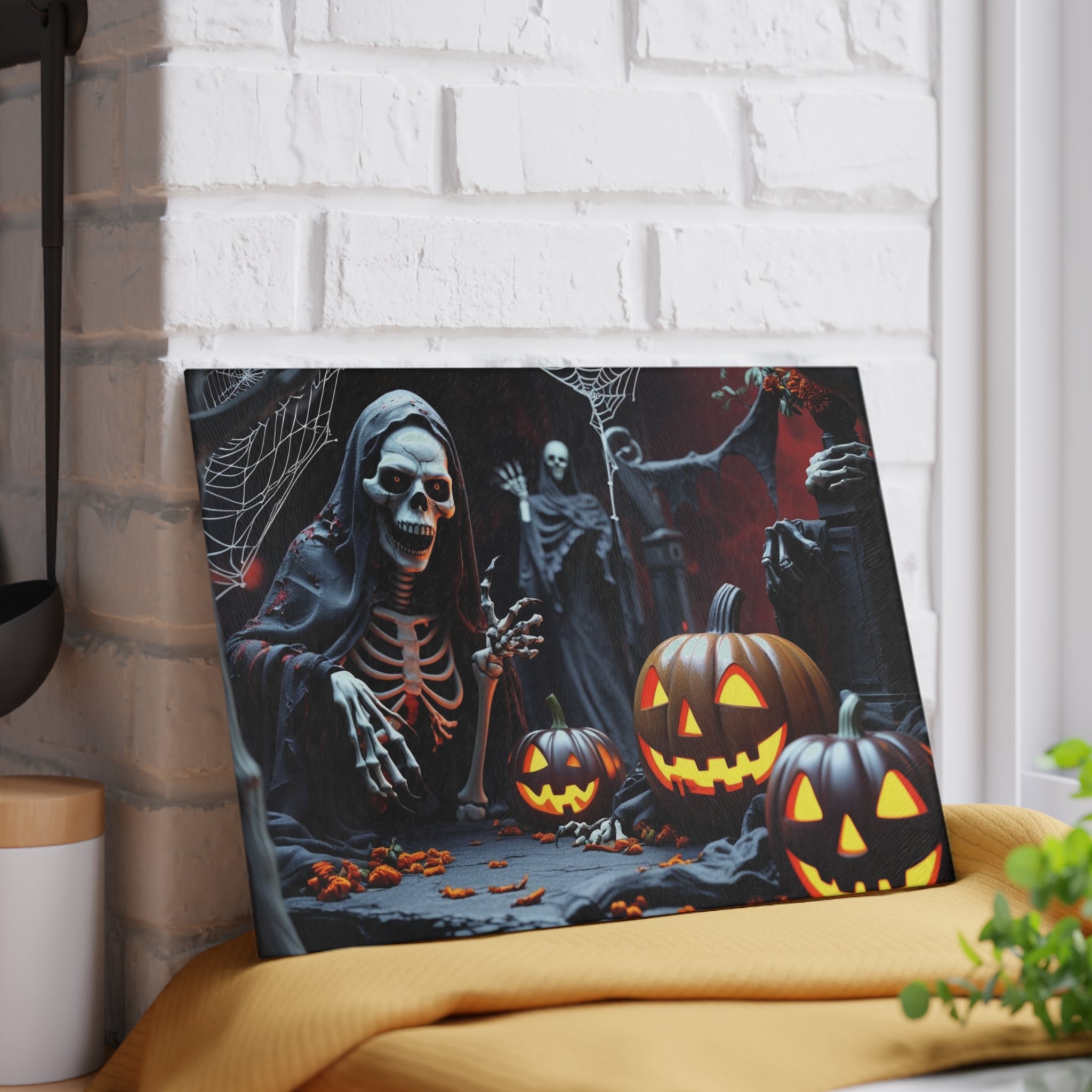 Spooky Halloween Cutting Board with Skeleton and Pumpkins Design