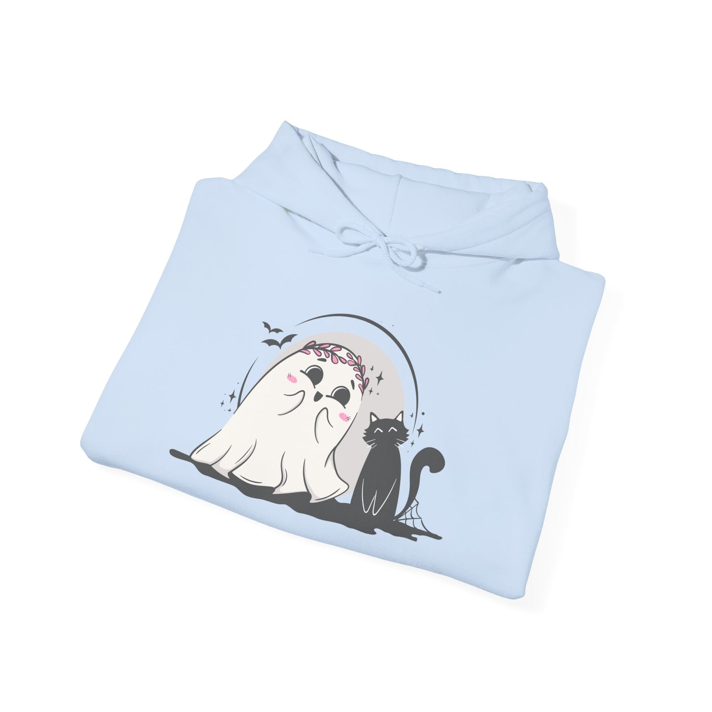 Floral Ghost & Black Cat Hoodie – Cute Halloween Companions