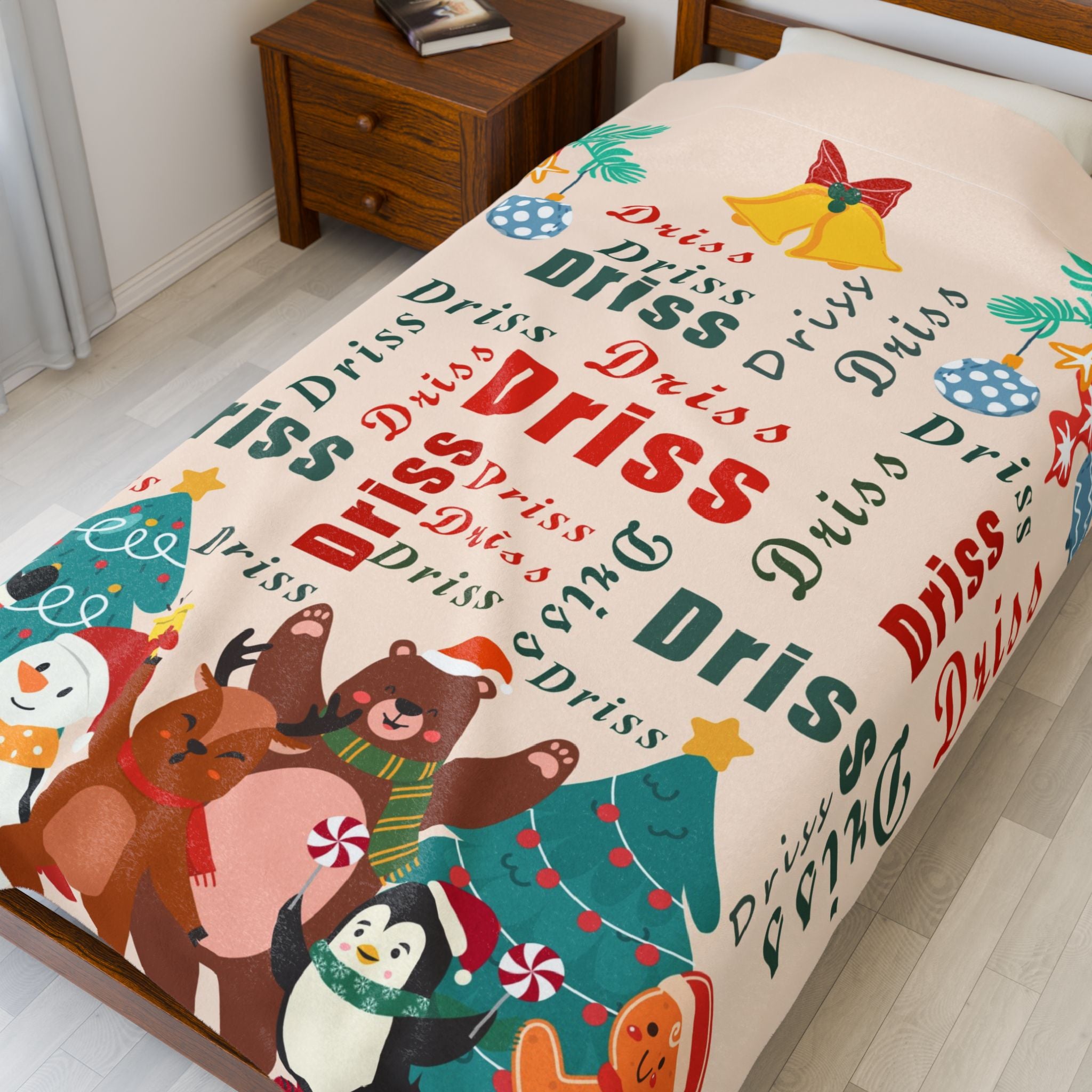Christmas Character Velveteen Plush Blanket – Santa, Reindeer & Friends with Custom Name