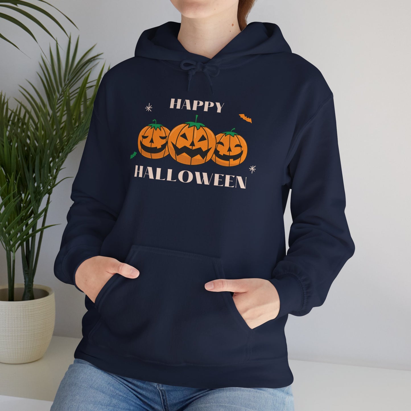 Happy Halloween" Pumpkin Trio Hoodie – Festive & Cozy for Spooky Season