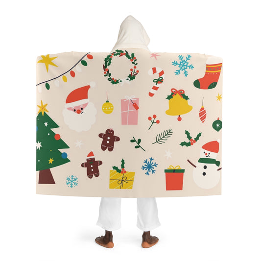 Sherpa Hooded Blanket – Cream Christmas Design with Santa, Gingerbread & Snowflakes – Cozy Winter Gift