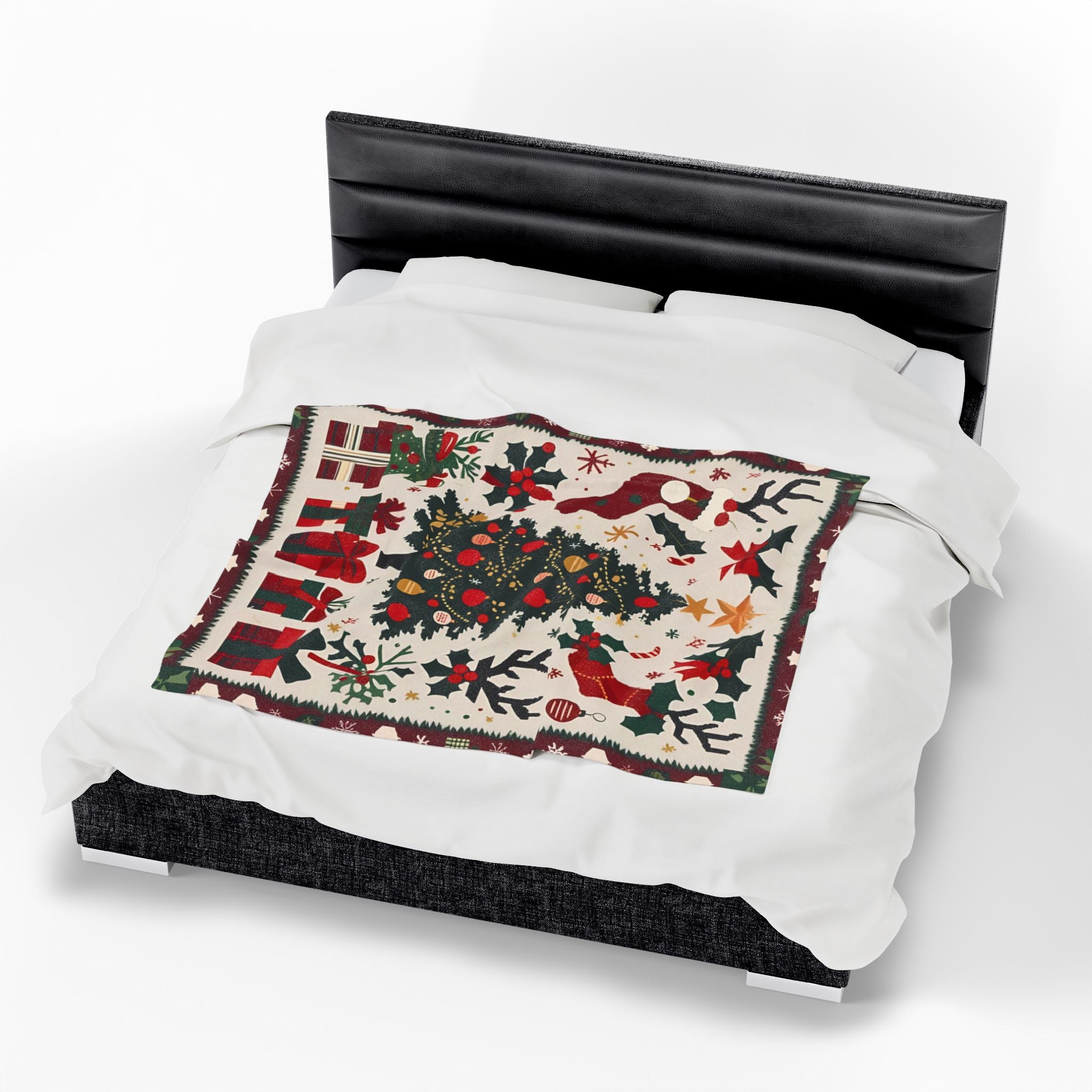 Christmas Tree Velveteen Plush Blanket – Holiday Stockings, Gifts & Holly Print Throw