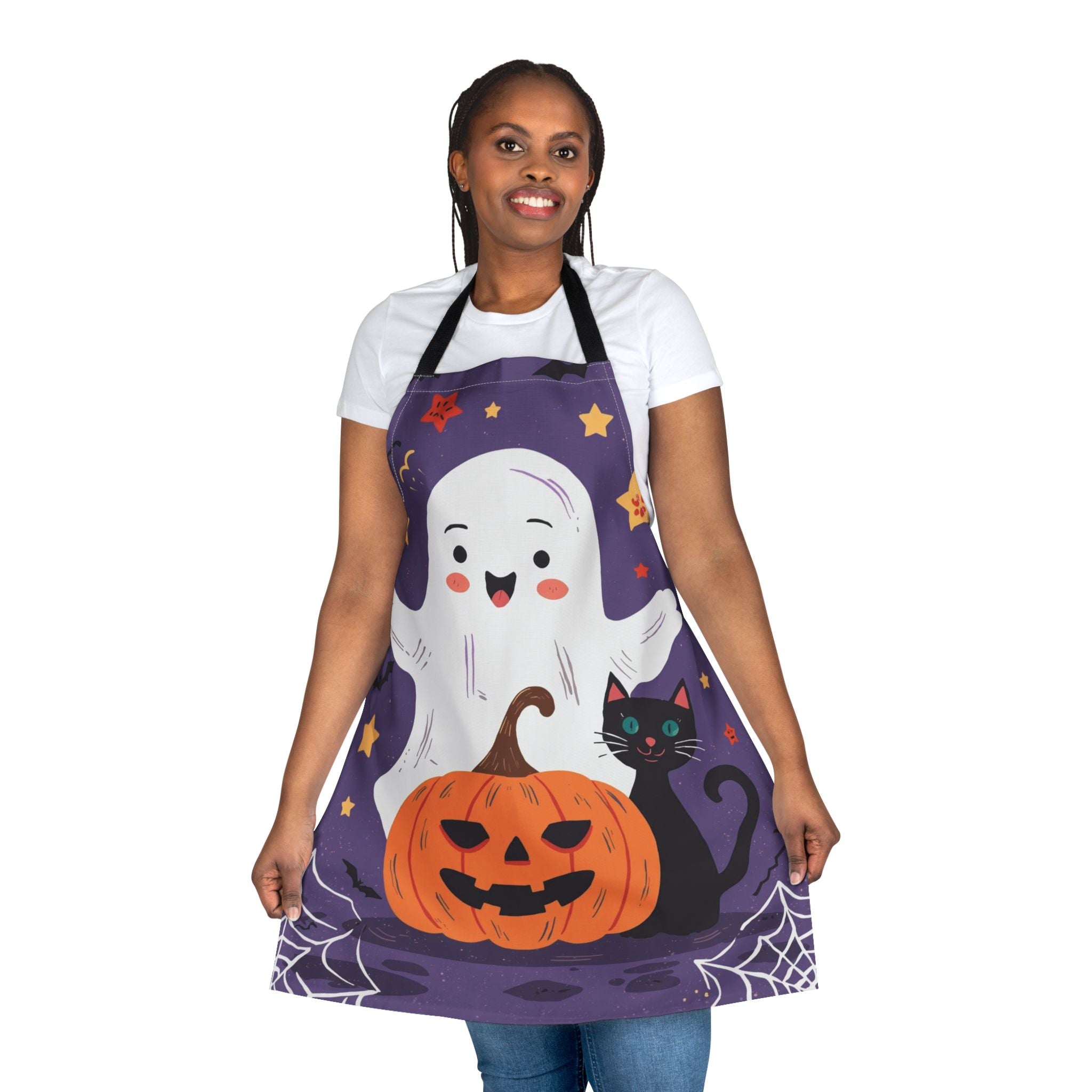 Halloween Ghost & Pumpkin Apron – Playful Purple Kitchen Decor with Black Cat