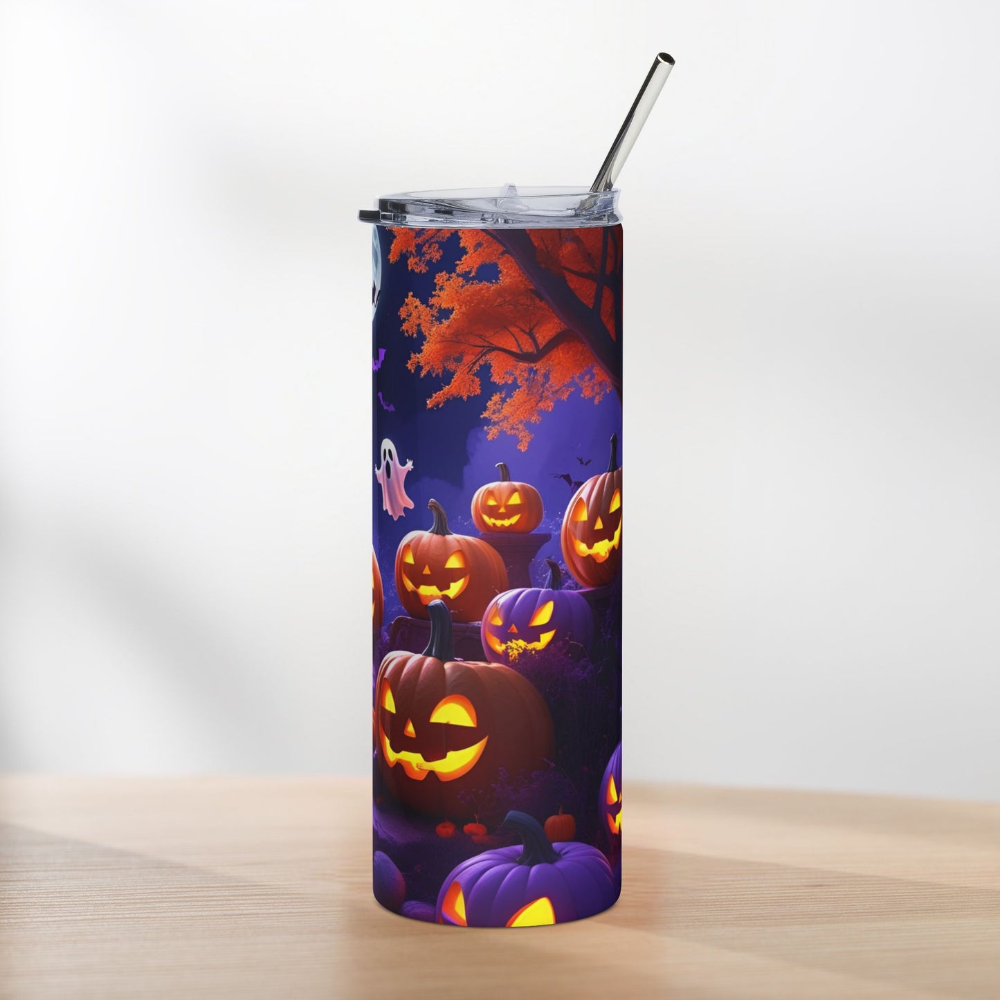 Glowing Pumpkins Halloween Tumbler – Ghosts, Bats & Moonlit Night