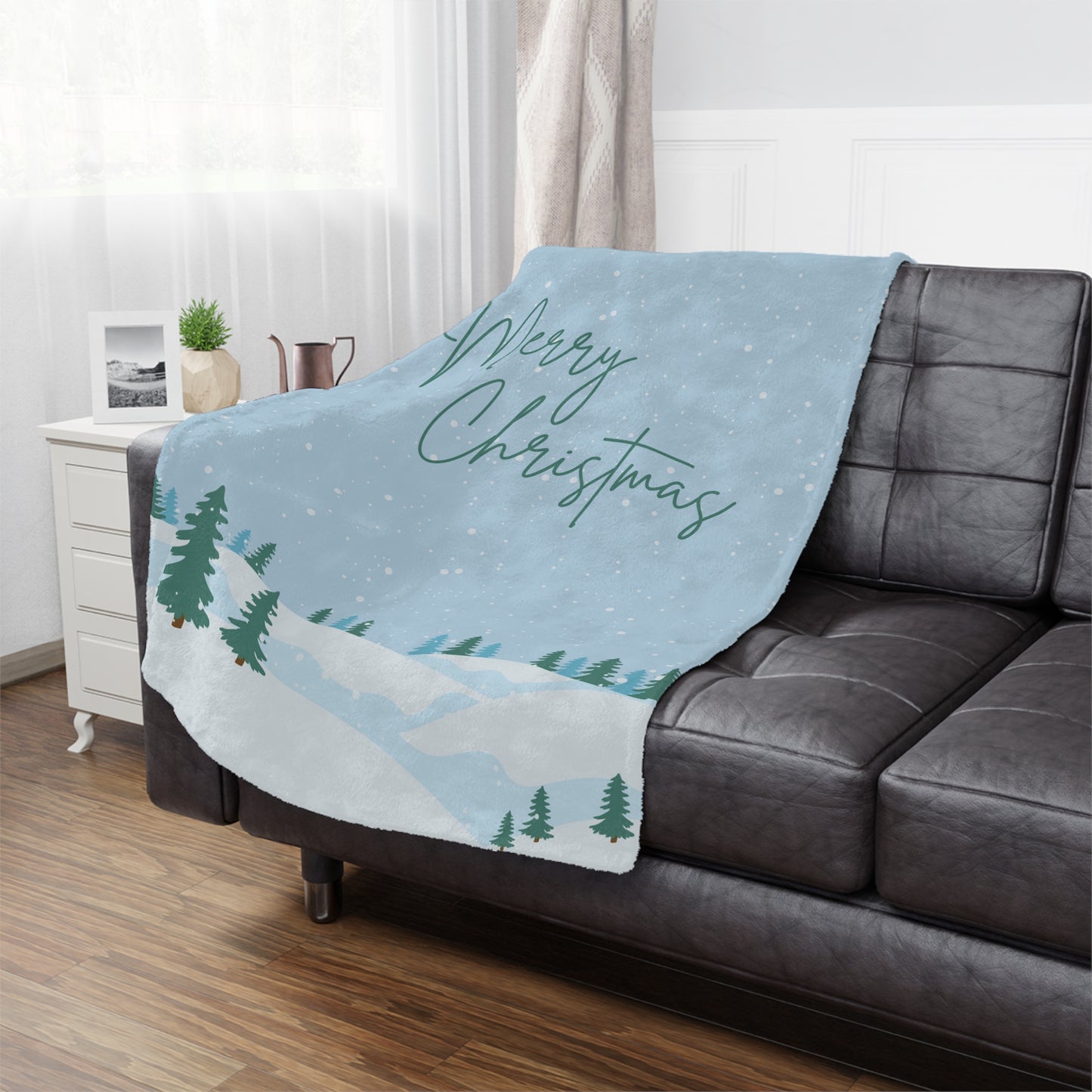 Merry Christmas Printed Velveteen Minky Blanket, Sky Blue
