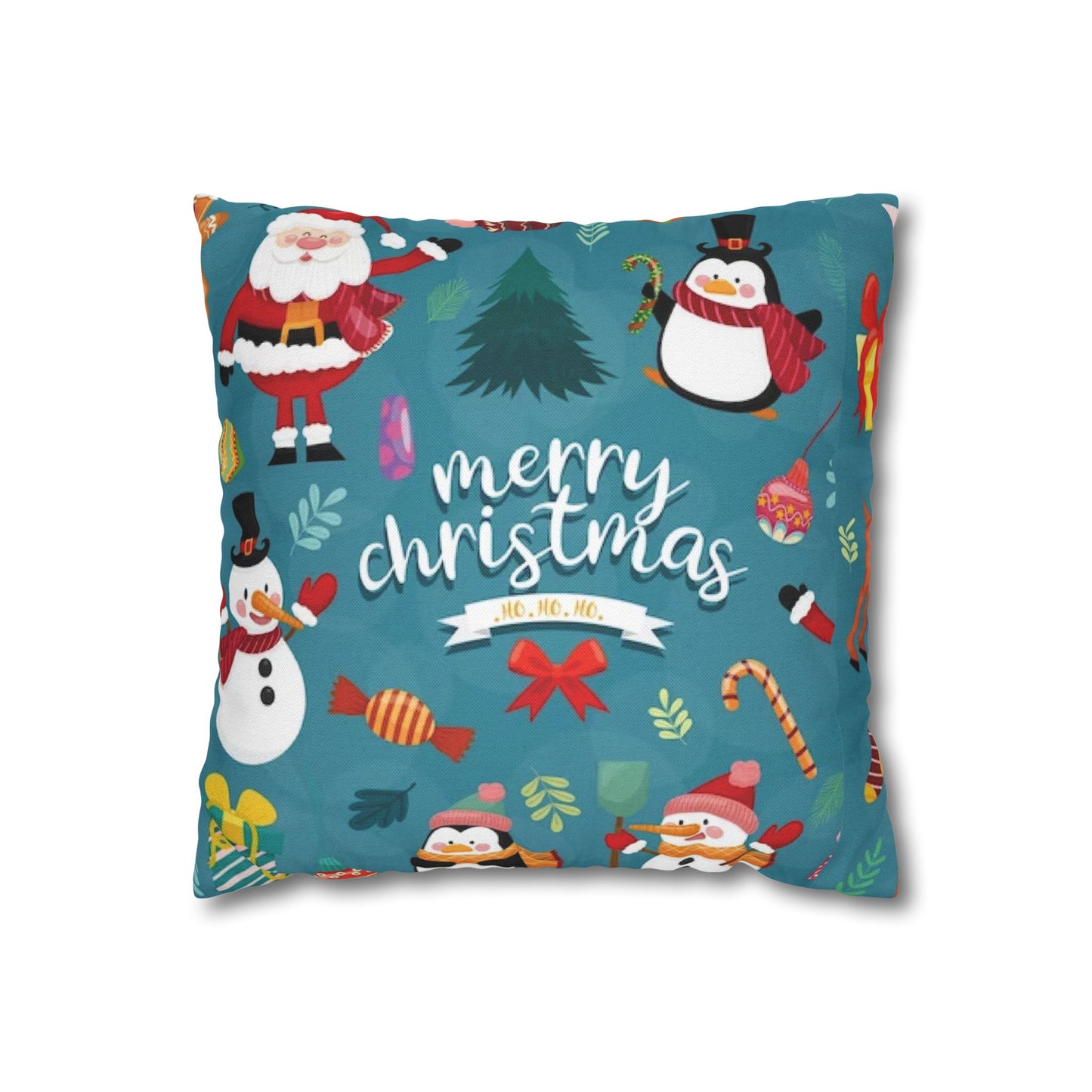 Indoor Pillowcase – Blue Christmas Design with Santa, Snowmen & Penguins – Festive Holiday Decor Accent