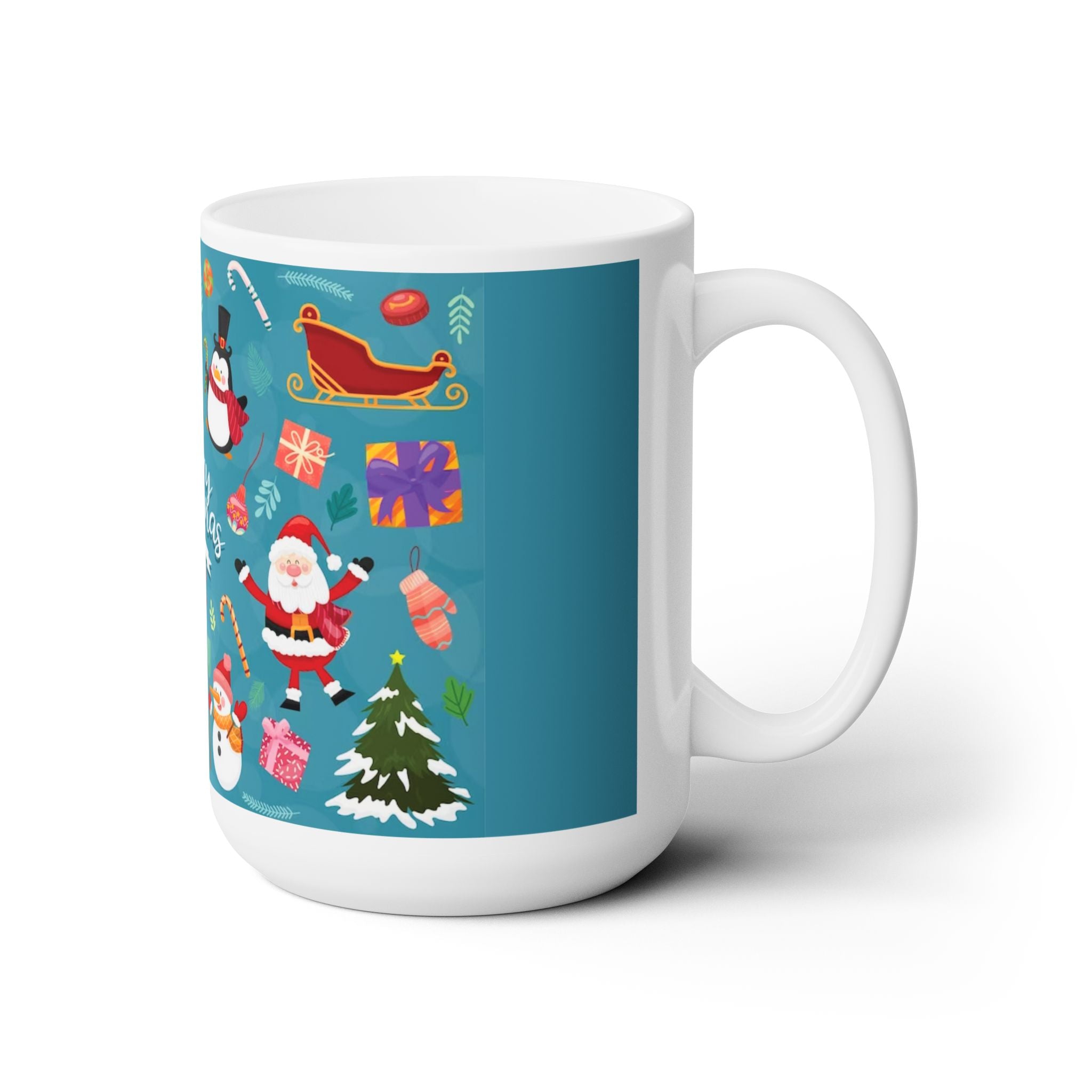 Christmas Ceramic Mug – 15oz White Holiday Coffee Cup with C-Handle