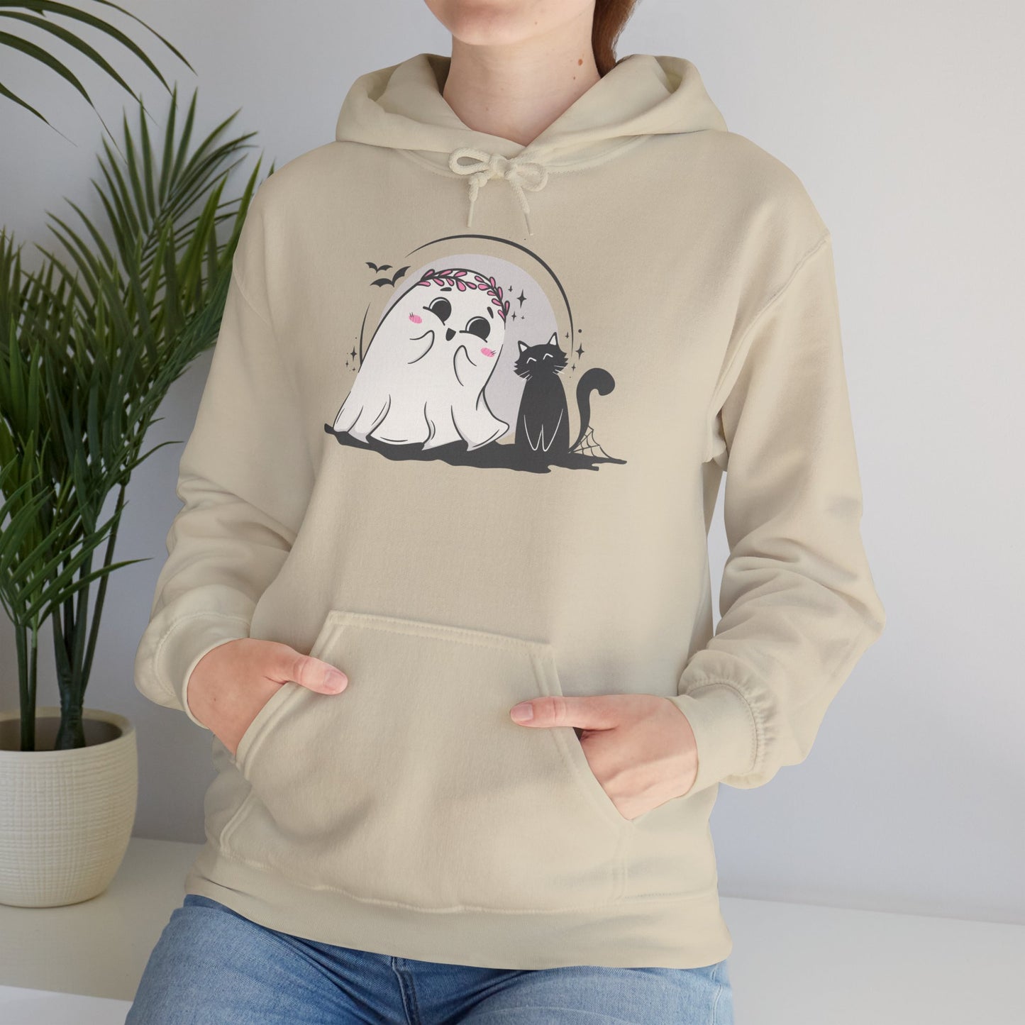 Floral Ghost & Black Cat Hoodie – Cute Halloween Companions
