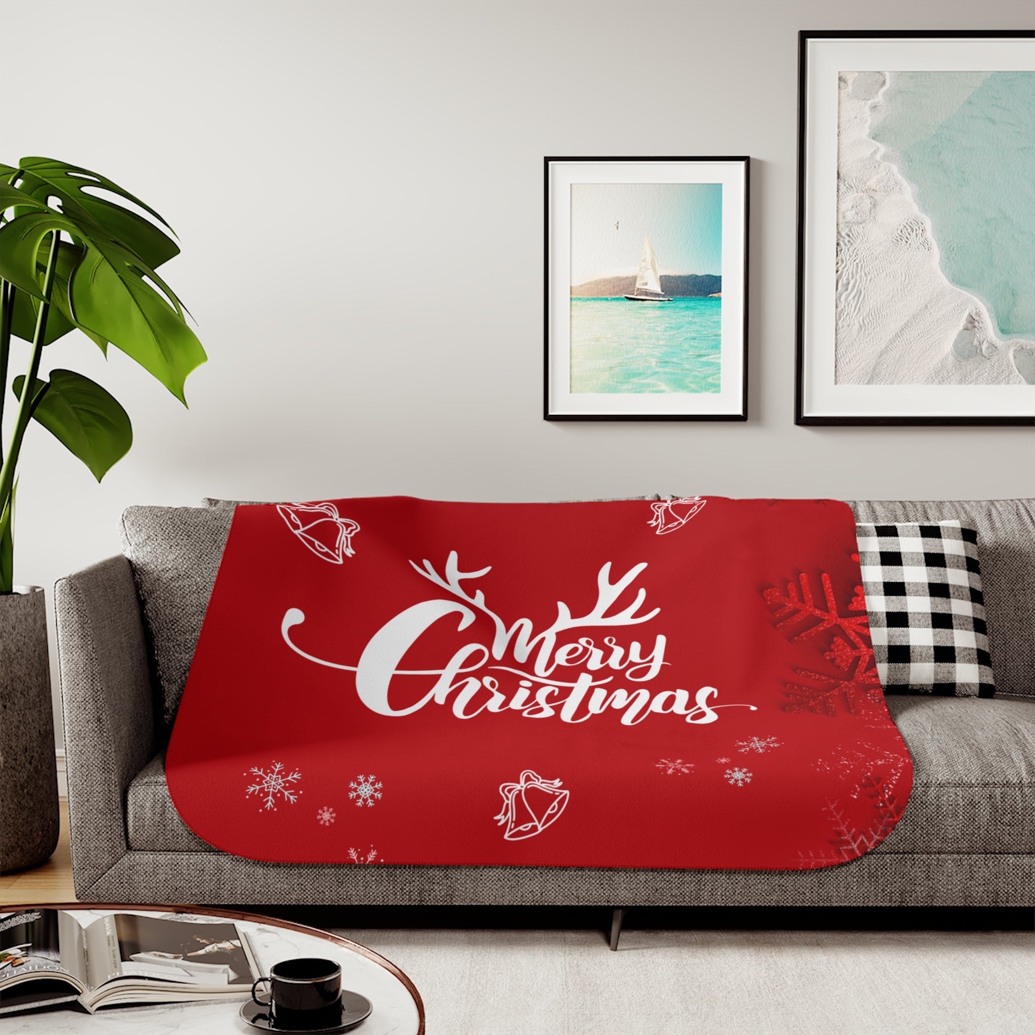 Merry Christmas Printed Sherpa Blanket, Red
