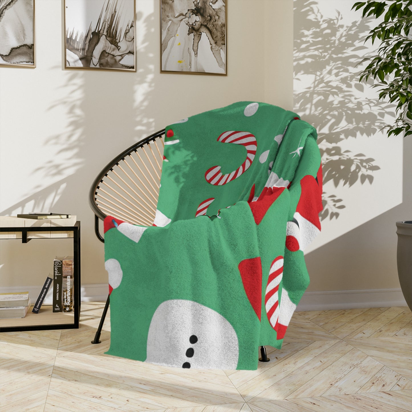 Christmas Fleece Blanket with Santa, Snowmen & Candy Cane Print