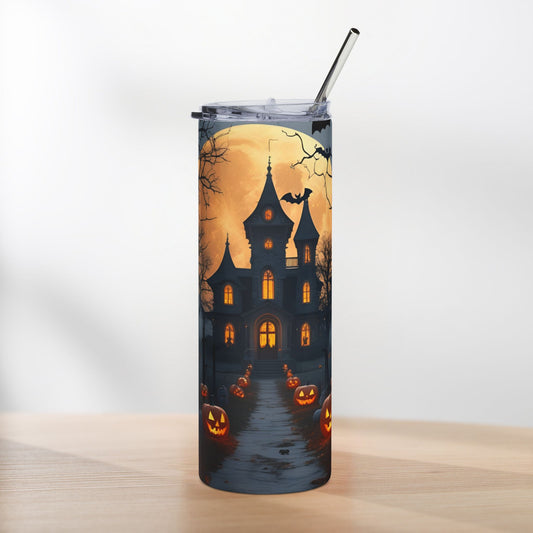 Moonlit Haunted House Halloween Tumbler – Glowing Pumpkins & Spooky Path