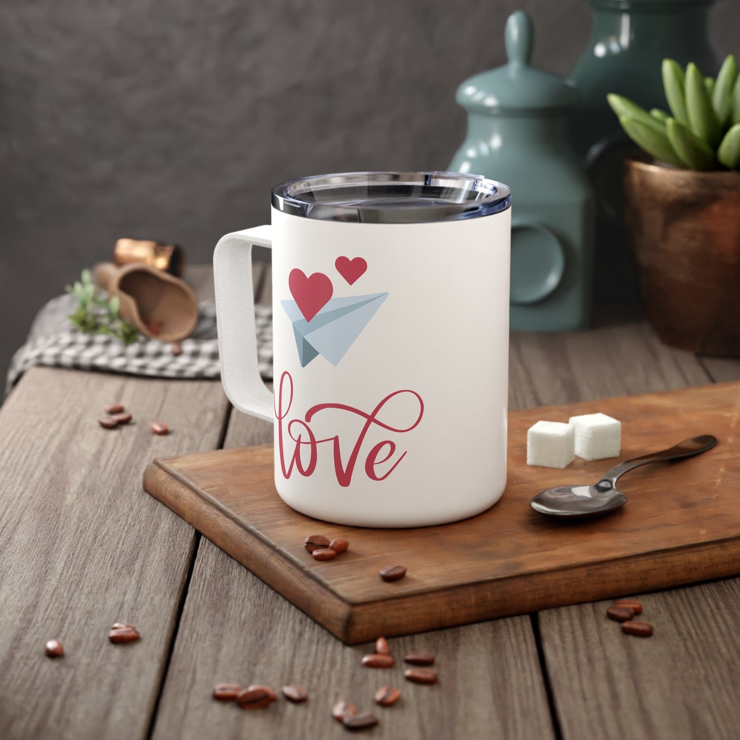 10oz Insulated Travel Mug – Paper Airplane & Red Hearts “Love” Design, Stainless Steel, Glossy White Finish