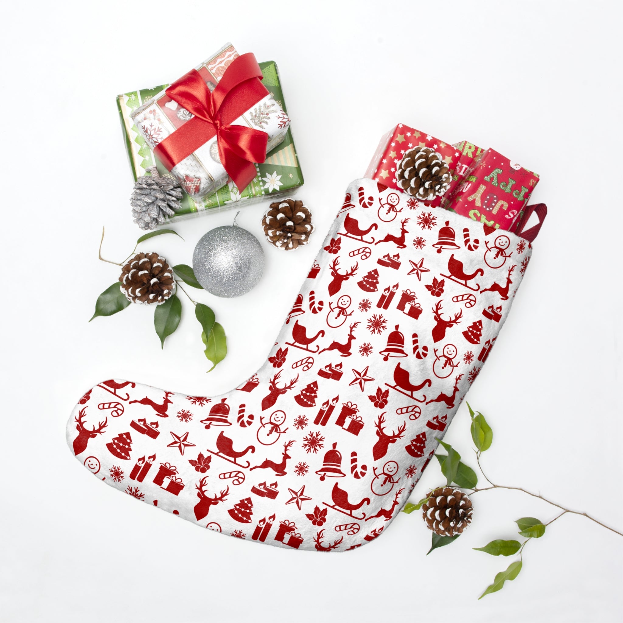 Classic Red & White Christmas Stocking – Reindeer, Sleighs & Candy Canes