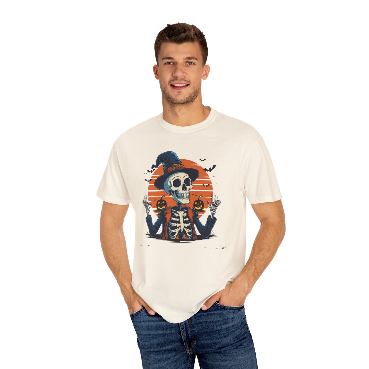 Skeleton Witch Halloween T-shirt for Adults & Teens, Funny Spooky Sunset Graphic Tee, Unisex Garment-Dyed Top, Pumpkin Hat Shirt, Halloween