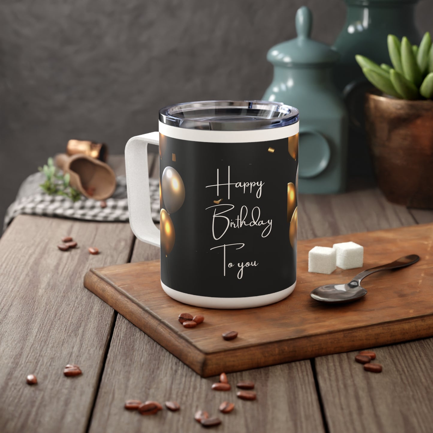 Happy Birthday Travel Mug – Black & Gold Balloon Design, 10oz Insulated Stainless Steel Coffee Tumbler with Lid