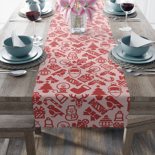 Christmas Table Runner, Red Holiday Icons Pattern, Trees Snowmen Ornaments Candy Canes and Presents, Light Background Festive Decor