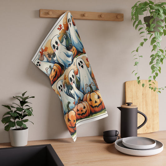 Playful Ghosts Halloween Tea Towel – Jack-O’-Lanterns and Autumn Leaves Design