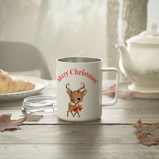 10oz Christmas Travel Mug with Cute Reindeer & “Merry Christmas” Text – Stainless Steel Holiday Gift for Coffee Lovers