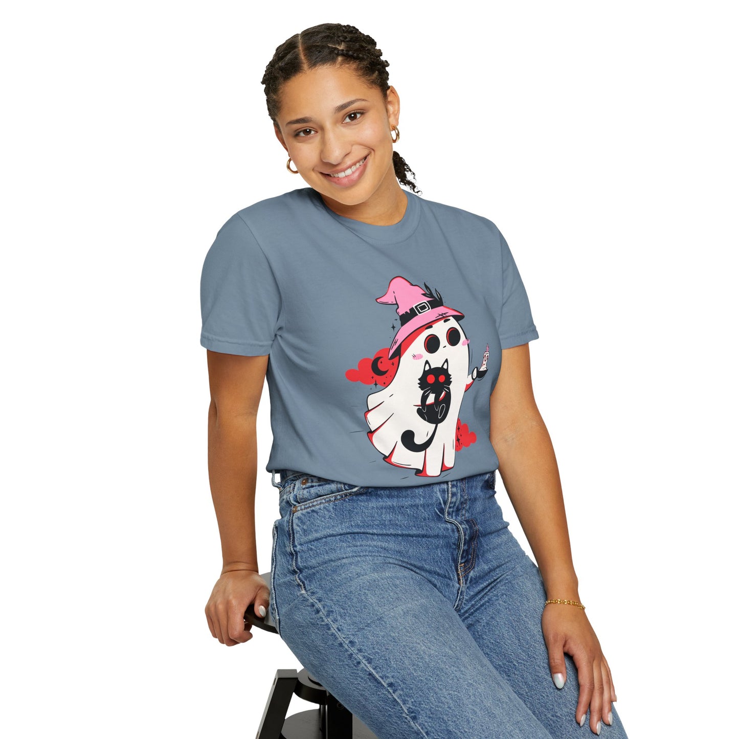 Ghostly Glam T-Shirt - Witchy Whimsy with Cat Companion
