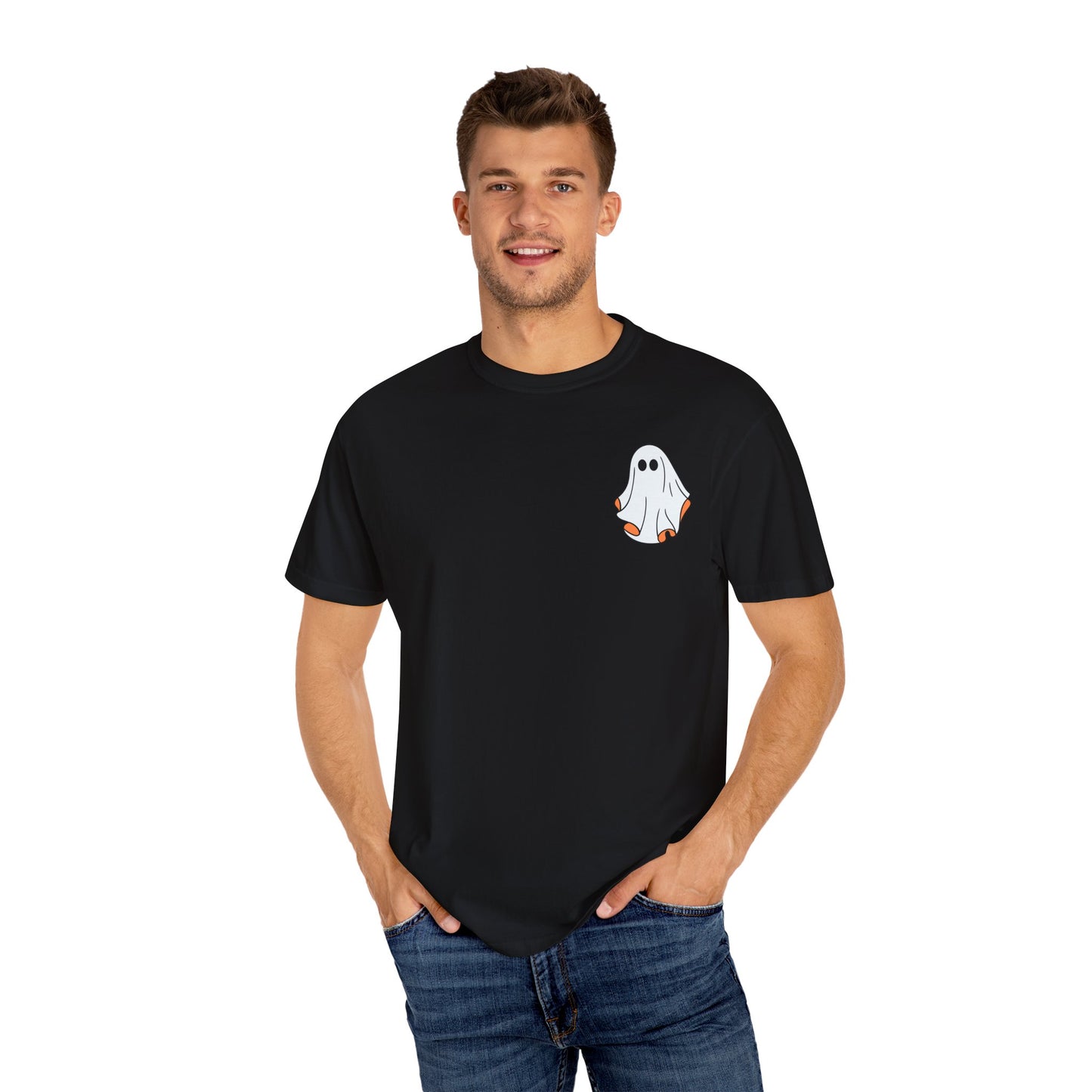 Minimal Ghost Halloween T-Shirt – Cute Pocket Graphic Tee for Spooky Season