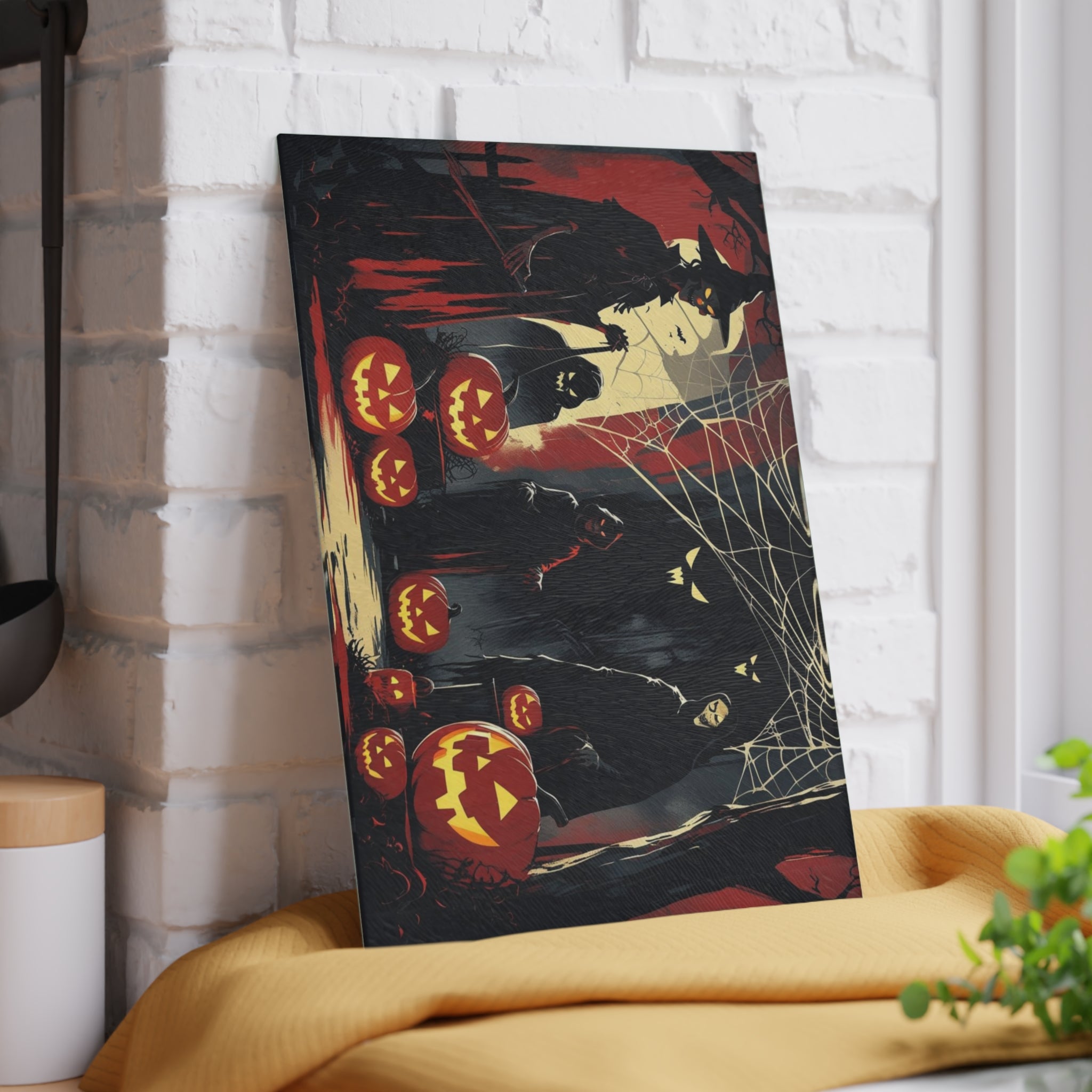 Spooky Halloween Cutting Board with Cloaked Figures, Witch, and Pumpkins